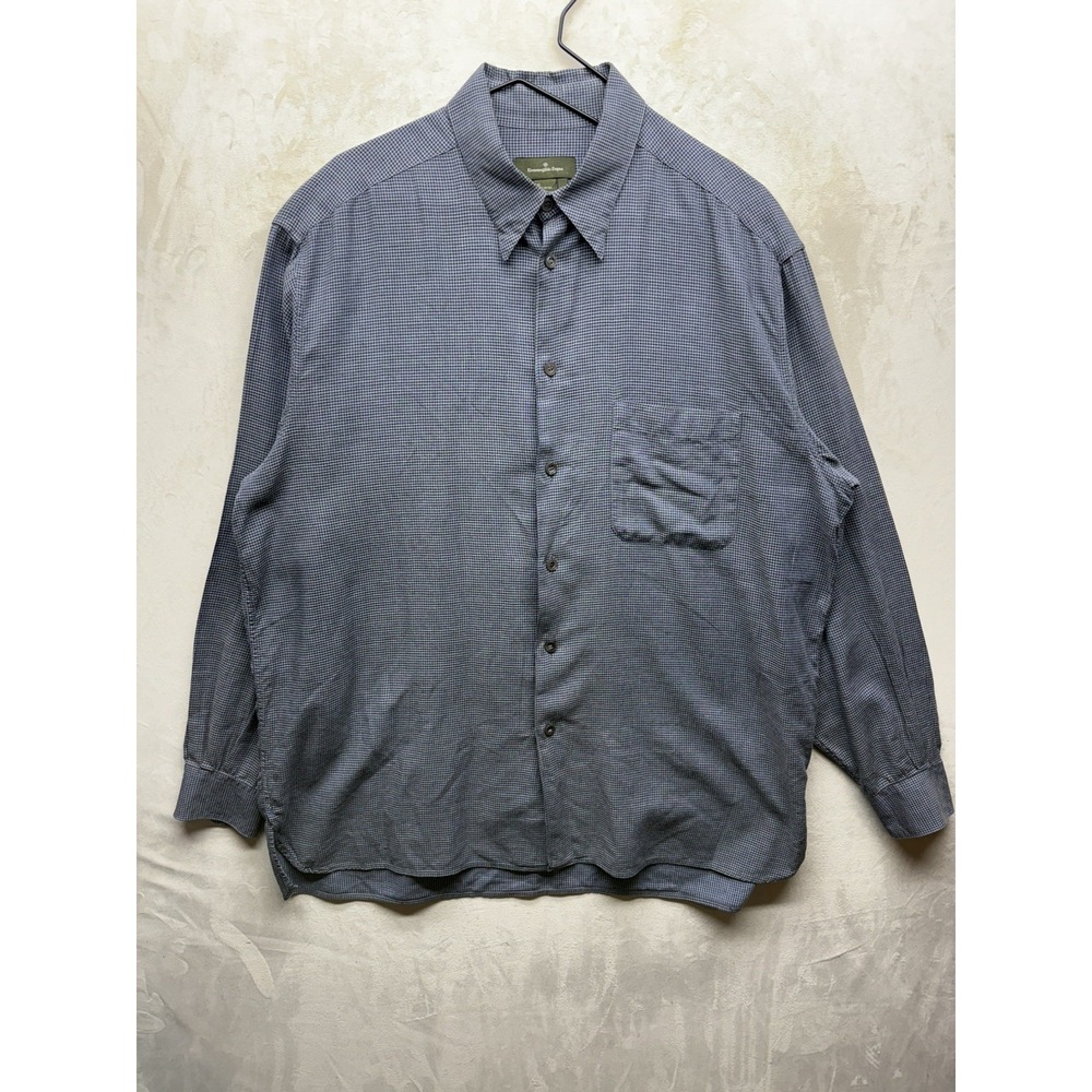 Ermenegildo Zegna Shirt Men Medium Gray Micro Check Casual Button Up Long Sleeve